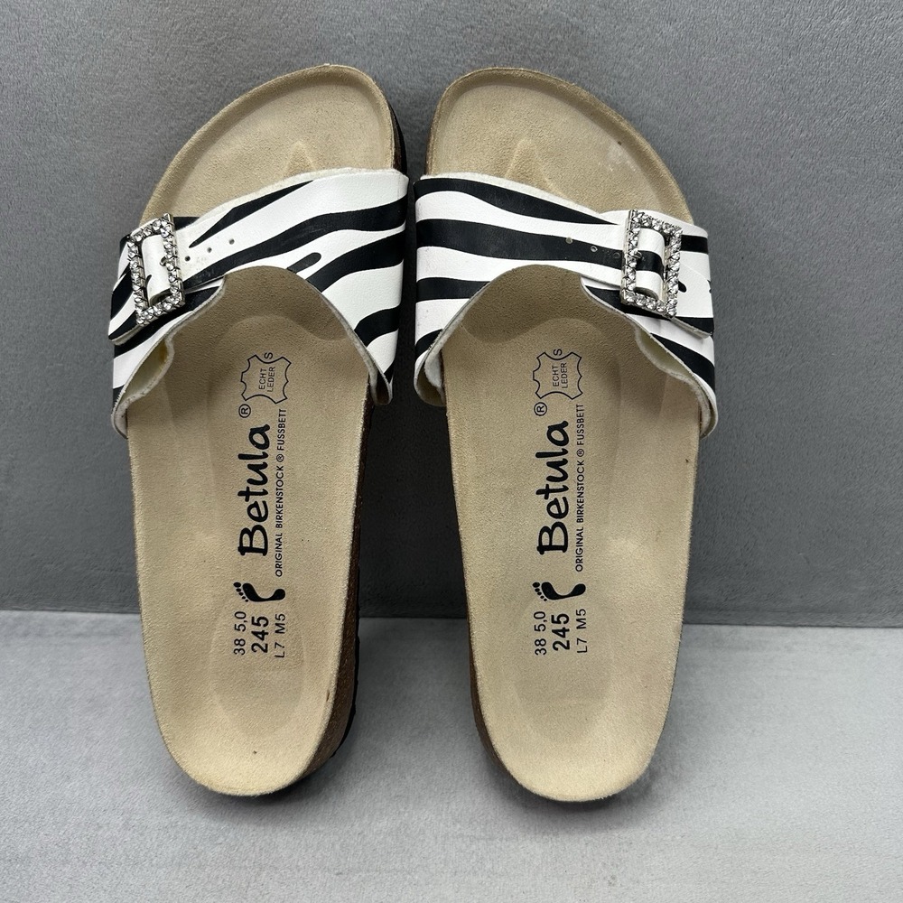 Birkenstock Betula Womens Size 7 Slide Sandals Zebra Striped Rhinestone Buckle - Picture 6 of 8